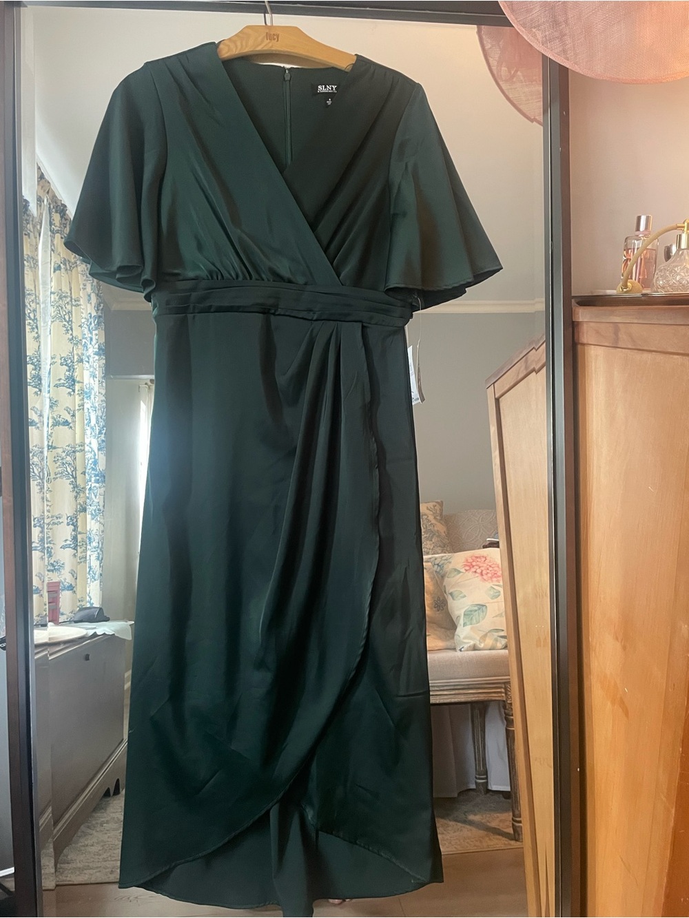 SLNY Deep Emerald Wrap Midi Dress with Flutter Sleeves